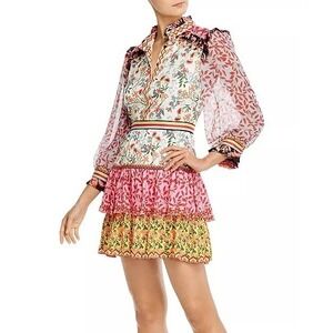 Alice + Olivia Kathy Ruffled Mini Sheath Floral 3/4 Sleeve Tiered Dress Sz 8